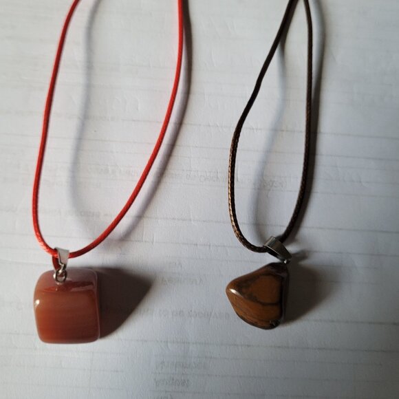 Triangular Cats Eye Pendant on Brown Cord and Brown Gem Stone on Red Cord - Picture 1 of 3